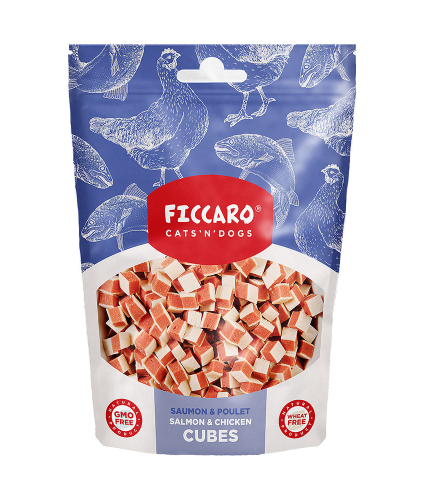 Ficcaro godbidder til katte og hunde 100 gr. Salmon & Chicken Cubes